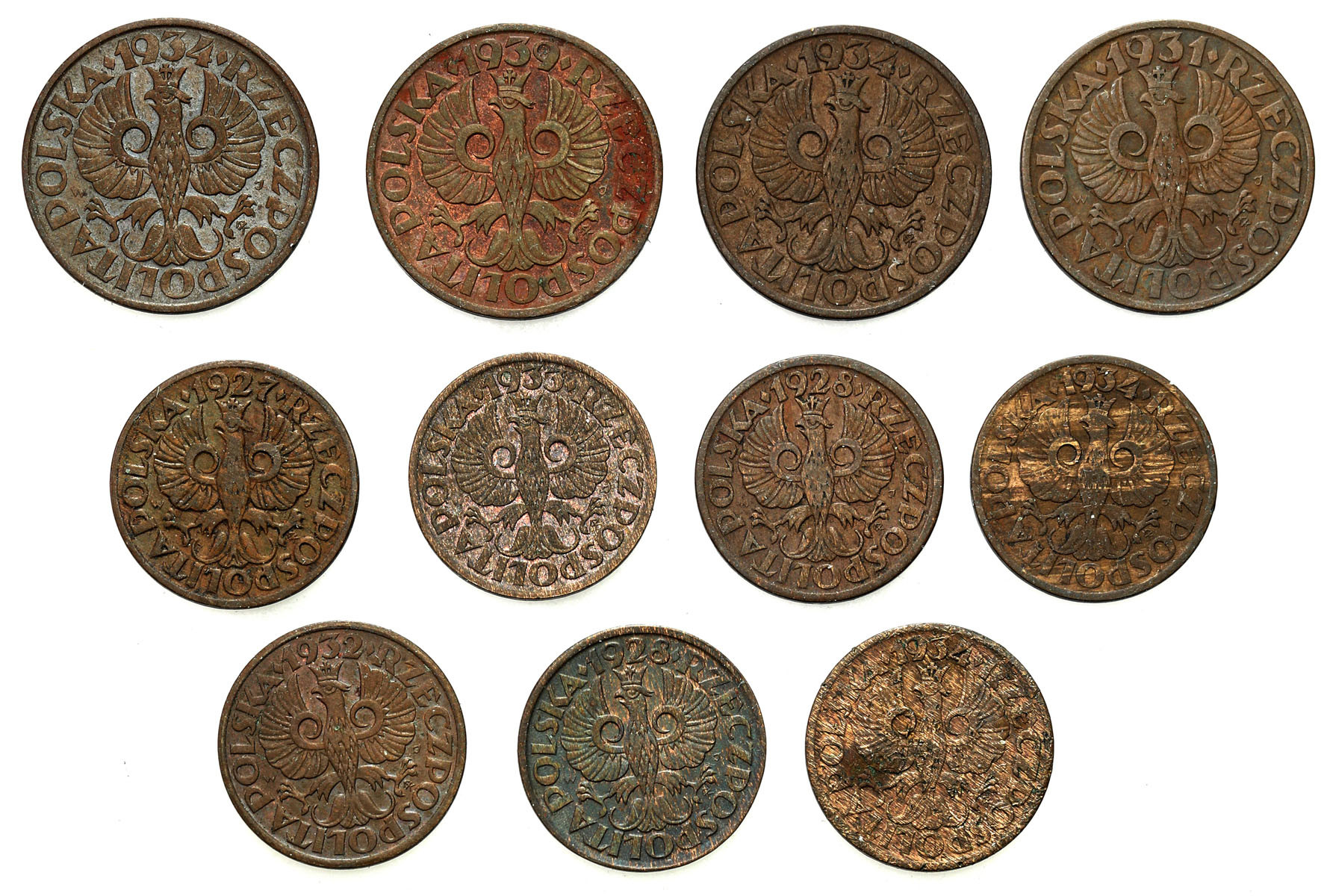II RP. 1, 2 grosze 1927-1939, zestaw 11 monet